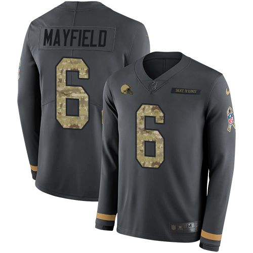 Nike Browns #6 Baker Mayfield Anthracite Salute to Service Men's Stitched NFL Limited Therma Long Sleeve Jersey - Click Image to Close