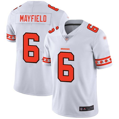 Browns #6 Baker Mayfield White Men's Stitched Football Limited Team Logo Fashion Jersey - Click Image to Close