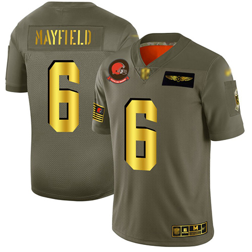 Browns #6 Baker Mayfield Camo/Gold Men's Stitched Football Limited 2019 Salute To Service Jersey - Click Image to Close