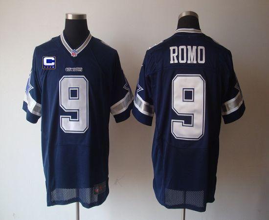 Nike Cowboys #9 Tony Romo Navy Blue Team Color With C Patch Men's Stitched NFL Elite Jersey