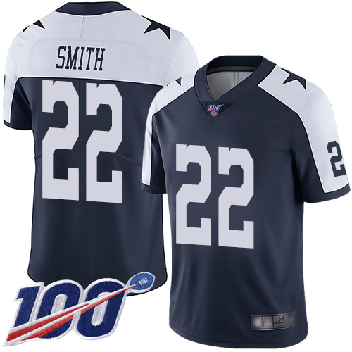 Cowboys #22 Emmitt Smith Navy Blue Thanksgiving Men's Stitched Football 100th Season Vapor Throwback Limited Jersey