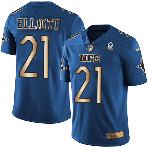 Nike Cowboys #21 Ezekiel Elliott Navy Men's Stitched NFL Limited Gold NFC 2017 Pro Bowl Jersey