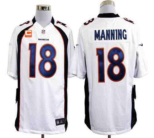 Nike Broncos #18 Peyton Manning White With C Patch Men's Stitched NFL Game Jersey