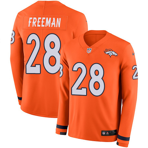 Nike Broncos #28 Royce Freeman Orange Team Color Men's Stitched NFL Limited Therma Long Sleeve Jersey - Click Image to Close