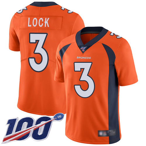 Broncos #3 Drew Lock Orange Team Color Men's Stitched Football 100th Season Vapor Limited Jersey