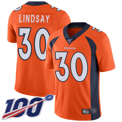 Broncos #30 Phillip Lindsay Orange Team Color Men's Stitched Football 100th Season Vapor Limited Jersey