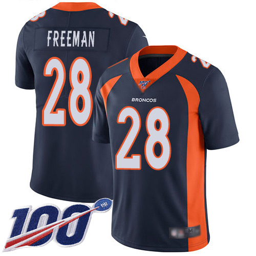 Broncos #28 Royce Freeman Navy Blue Alternate Men's Stitched Football 100th Season Vapor Limited Jersey