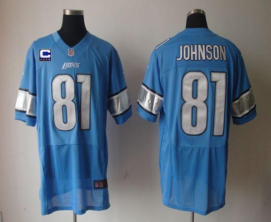 Nike Lions #81 Calvin Johnson Blue Team Color With C Patch Men's Stitched NFL Elite Jersey - Click Image to Close