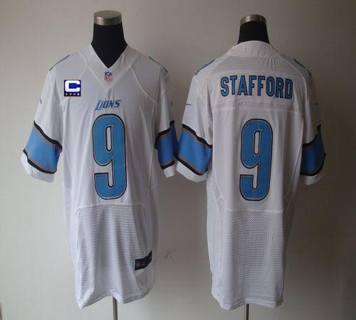 Nike Lions #9 Matthew Stafford White With C Patch Men's Stitched NFL Elite Jersey