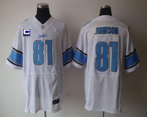 Nike Lions #81 Calvin Johnson White With C Patch Men's Stitched NFL Elite Jersey