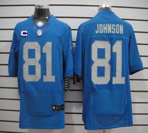 Nike Lions #81 Calvin Johnson Blue Alternate Throwback With C Patch Men's Stitched NFL Elite Jersey