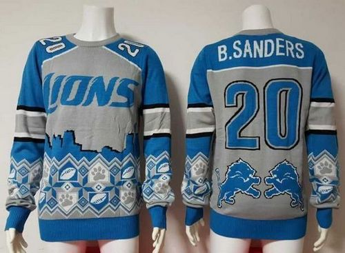 Nike Lions #20 Barry Sanders Blue/Grey Men's Ugly Sweater