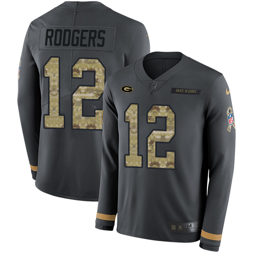 Nike Packers #12 Aaron Rodgers Anthracite Salute to Service Men's Stitched NFL Limited Therma Long Sleeve Jersey - Click Image to Close