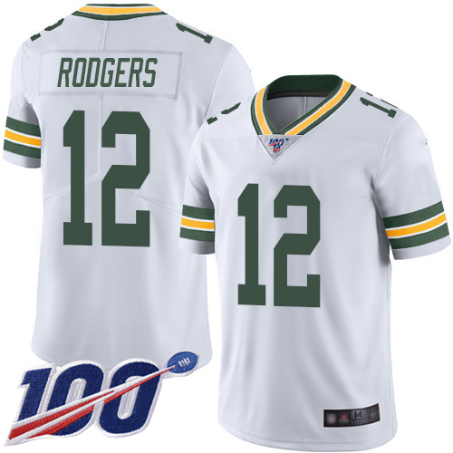 Packers #12 Aaron Rodgers White Men's Stitched Football 100th Season Vapor Limited Jersey