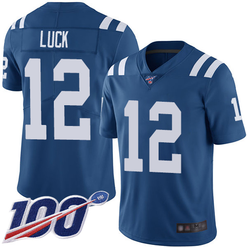 Colts #12 Andrew Luck Royal Blue Team Color Men's Stitched Football 100th Season Vapor Limited Jersey - Click Image to Close