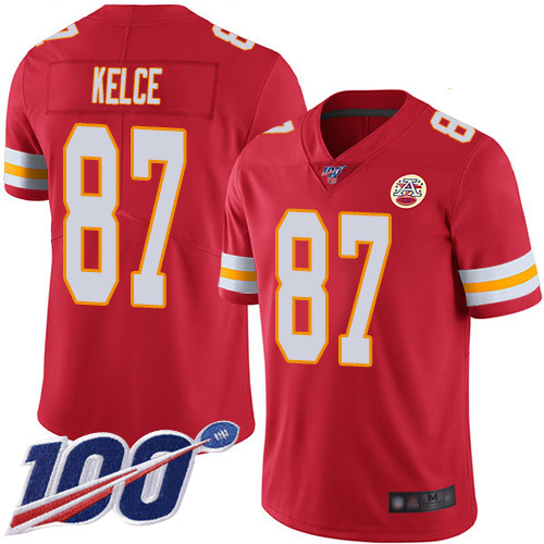 Chiefs #87 Travis Kelce Red Team Color Men's Stitched Football 100th Season Vapor Limited Jersey - Click Image to Close