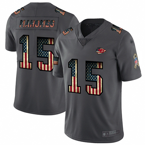 Chiefs #15 Patrick Mahomes Carbon Black Men's Stitched Football Limited Retro Flag Jersey - Click Image to Close