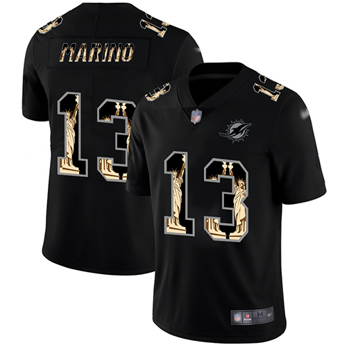 Dolphins #13 Dan Marino Black Men's Stitched Football Limited Statue of Liberty Jersey - Click Image to Close