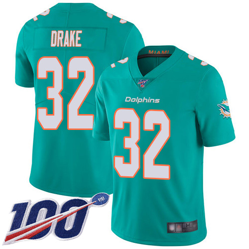 Dolphins #32 Kenyan Drake Aqua Green Team Color Men's Stitched Football 100th Season Vapor Limited Jersey