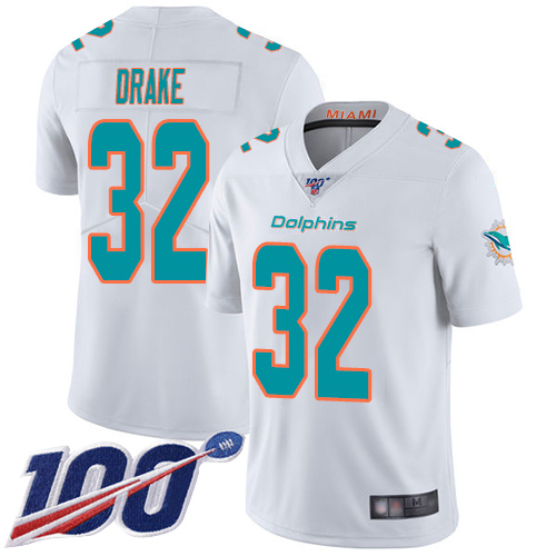 Dolphins #32 Kenyan Drake White Men's Stitched Football 100th Season Vapor Limited Jersey