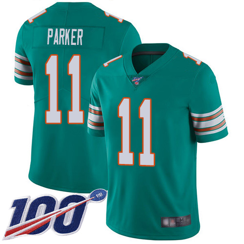 Dolphins #11 DeVante Parker Aqua Green Alternate Men's Stitched Football 100th Season Vapor Limited Jersey