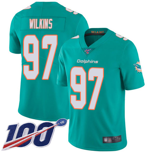 Dolphins #97 Christian Wilkins Aqua Green Team Color Men's Stitched Football 100th Season Vapor Limited Jersey