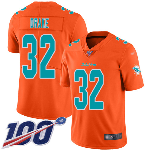 Dolphins #32 Kenyan Drake Orange Men's Stitched Football Limited Inverted Legend 100th Season Jersey - Click Image to Close