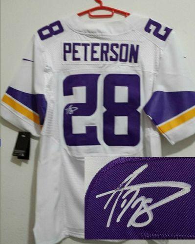 Nike Vikings #28 Adrian Peterson White Men's Stitched NFL Elite Autographed Jersey