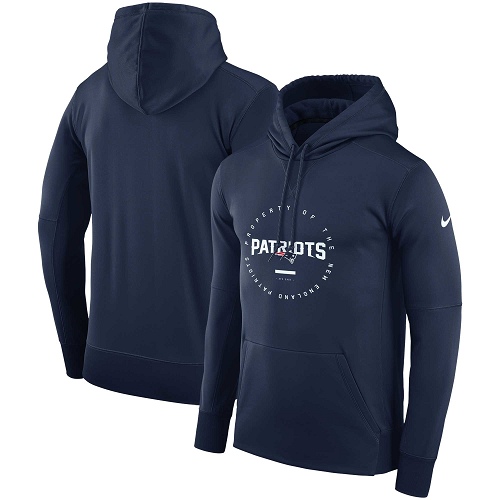 Men's New England Patriots Nike Navy Sideline Property Of Wordmark Logo Performance Pullover Hoodie - Click Image to Close