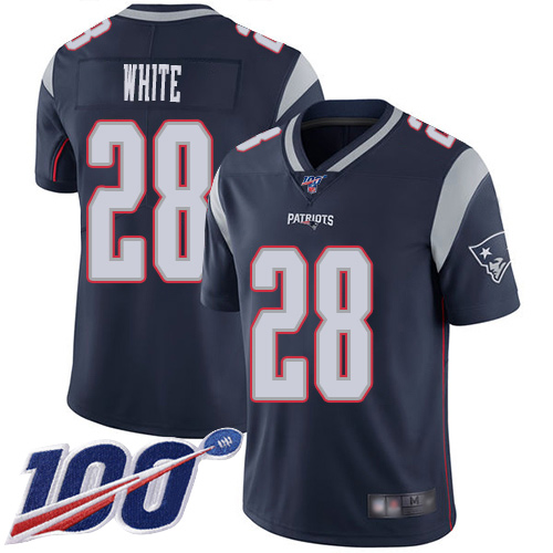 Patriots #28 James White Navy Blue Team Color Men's Stitched Football 100th Season Vapor Limited Jersey