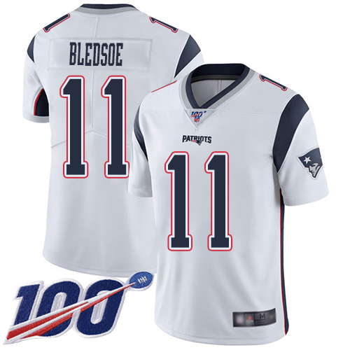 Patriots #11 Drew Bledsoe White Men's Stitched Football 100th Season Vapor Limited Jersey - Click Image to Close