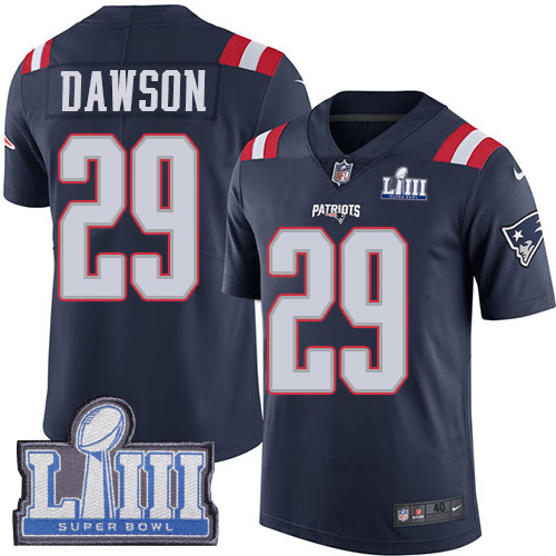 Nike Patriots #29 Duke Dawson Navy Blue Super Bowl LIII Bound Men's Stitched NFL Limited Rush Jersey - Click Image to Close