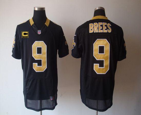 Nike Saints #9 Drew Brees Black Team Color With C Patch Men's Stitched NFL Elite Jersey