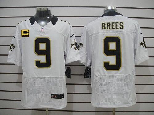 Nike Saints #9 Drew Brees White With C Patch Men's Stitched NFL Elite Jersey