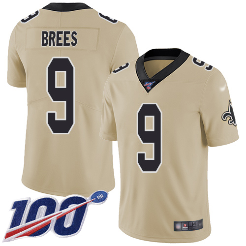 Saints #9 Drew Brees Gold Men's Stitched Football Limited Inverted Legend 100th Season Jersey - Click Image to Close