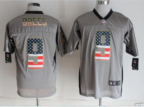 Nike Saints #9 Drew Brees Grey Men's Stitched NFL Elite USA Flag Fashion Jersey - Click Image to Close