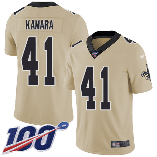 Saints #41 Alvin Kamara Gold Men's Stitched Football Limited Inverted Legend 100th Season Jersey