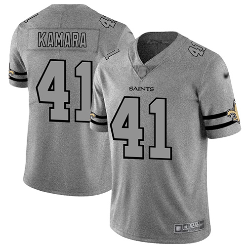 Saints #41 Alvin Kamara Gray Men's Stitched Football Limited Team Logo Gridiron Jersey - Click Image to Close