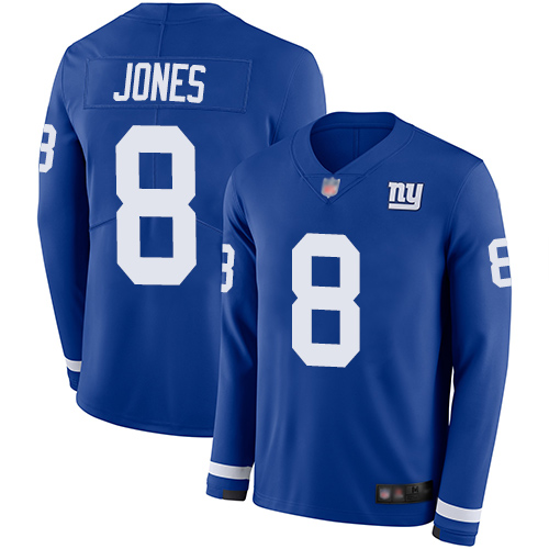 Giants #8 Daniel Jones Royal Blue Team Color Men's Stitched Football Limited Therma Long Sleeve Jersey - Click Image to Close