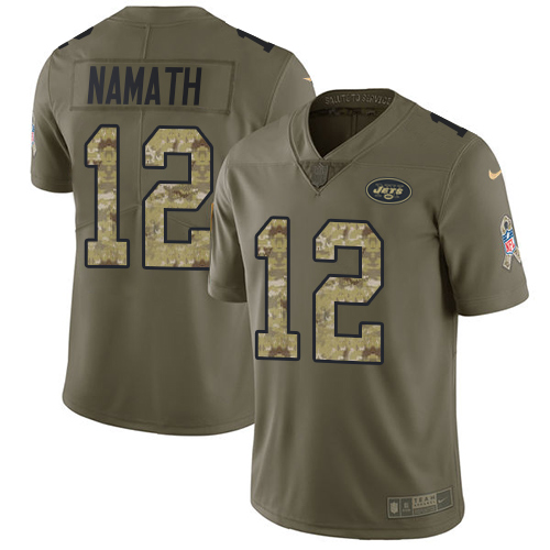 Nike Jets #12 Joe Namath Olive/Camo Men's Stitched NFL Limited 2017 Salute To Service Jersey - Click Image to Close