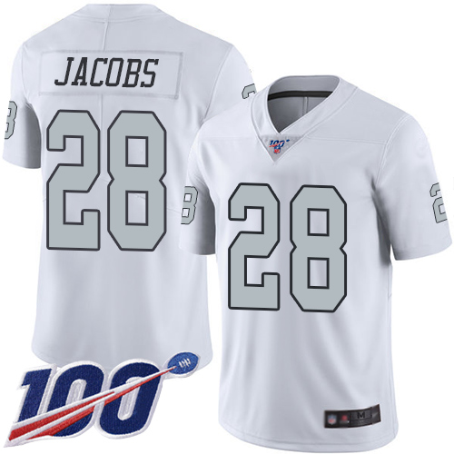 Raiders #28 Josh Jacobs White Men's Stitched Football Limited Rush 100th Season Jersey