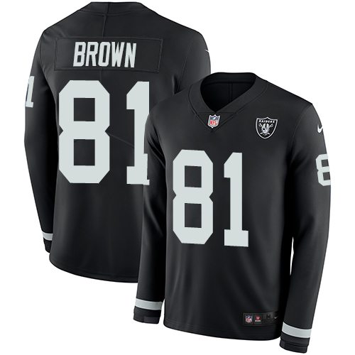 Nike Raiders #81 Tim Brown Black Team Color Men's Stitched NFL Limited Therma Long Sleeve Jersey - Click Image to Close