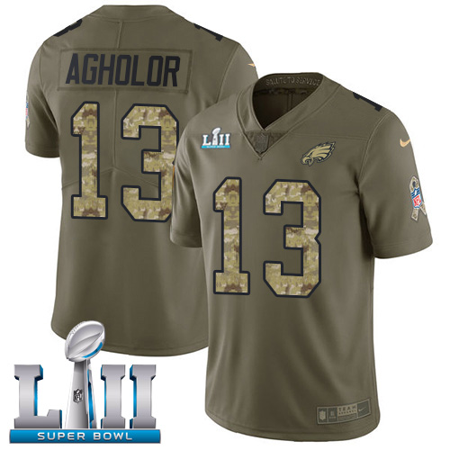 Nike Eagles #13 Nelson Agholor Olive/Camo Super Bowl LII Men's Stitched NFL Limited 2017 Salute To Service Jersey - Click Image to Close