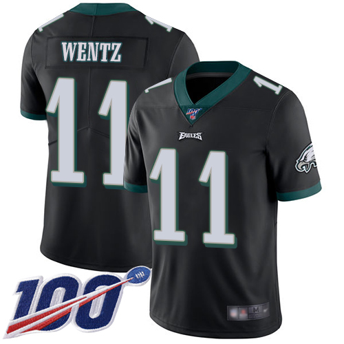 Eagles #11 Carson Wentz Black Alternate Men's Stitched Football 100th Season Vapor Limited Jersey