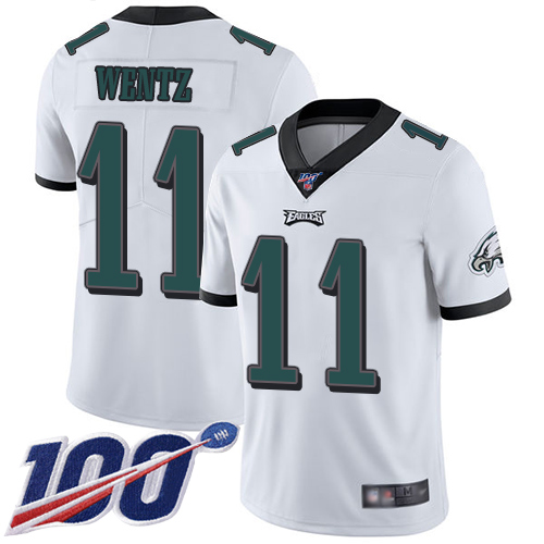 Eagles #11 Carson Wentz White Men's Stitched Football 100th Season Vapor Limited Jersey - Click Image to Close