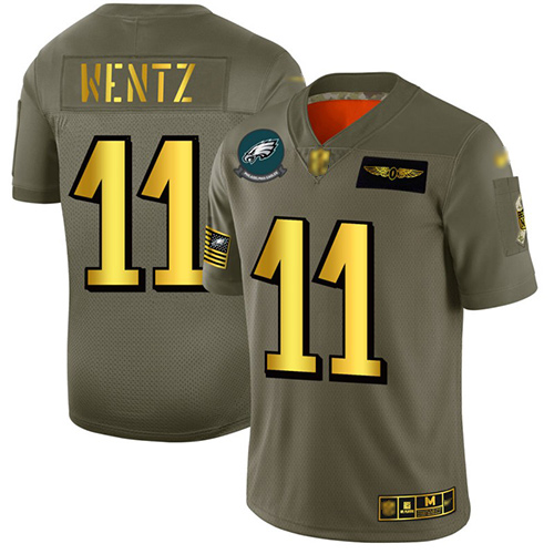 Eagles #11 Carson Wentz Camo/Gold Men's Stitched Football Limited 2019 Salute To Service Jersey - Click Image to Close