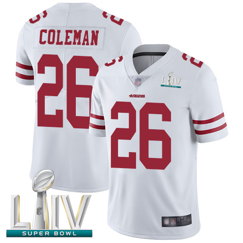 49ers #26 Tevin Coleman White Super Bowl LIV Bound Men's Stitched Football Vapor Untouchable Limited Jersey - Click Image to Close