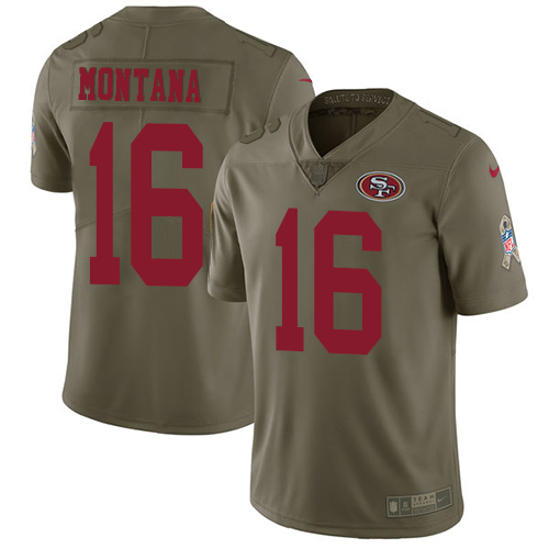 Nike 49ers #16 Joe Montana Olive Men's Stitched NFL Limited 2017 Salute to Service Jersey - Click Image to Close