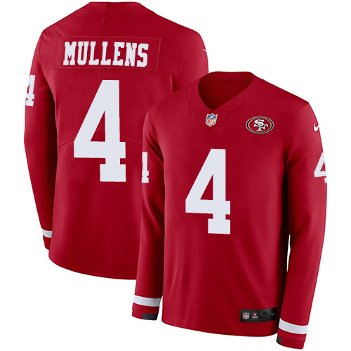 Nike 49ers #4 Nick Mullens Red Team Color Men's Stitched NFL Limited Therma Long Sleeve Jersey - Click Image to Close