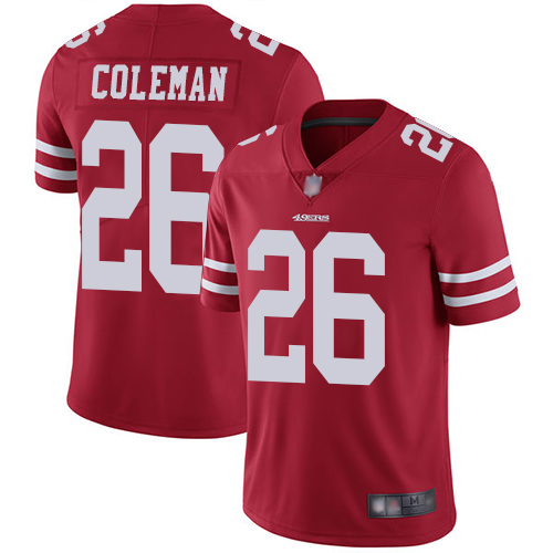 49ers #26 Tevin Coleman Red Team Color Men's Stitched Football Vapor Untouchable Limited Jersey - Click Image to Close